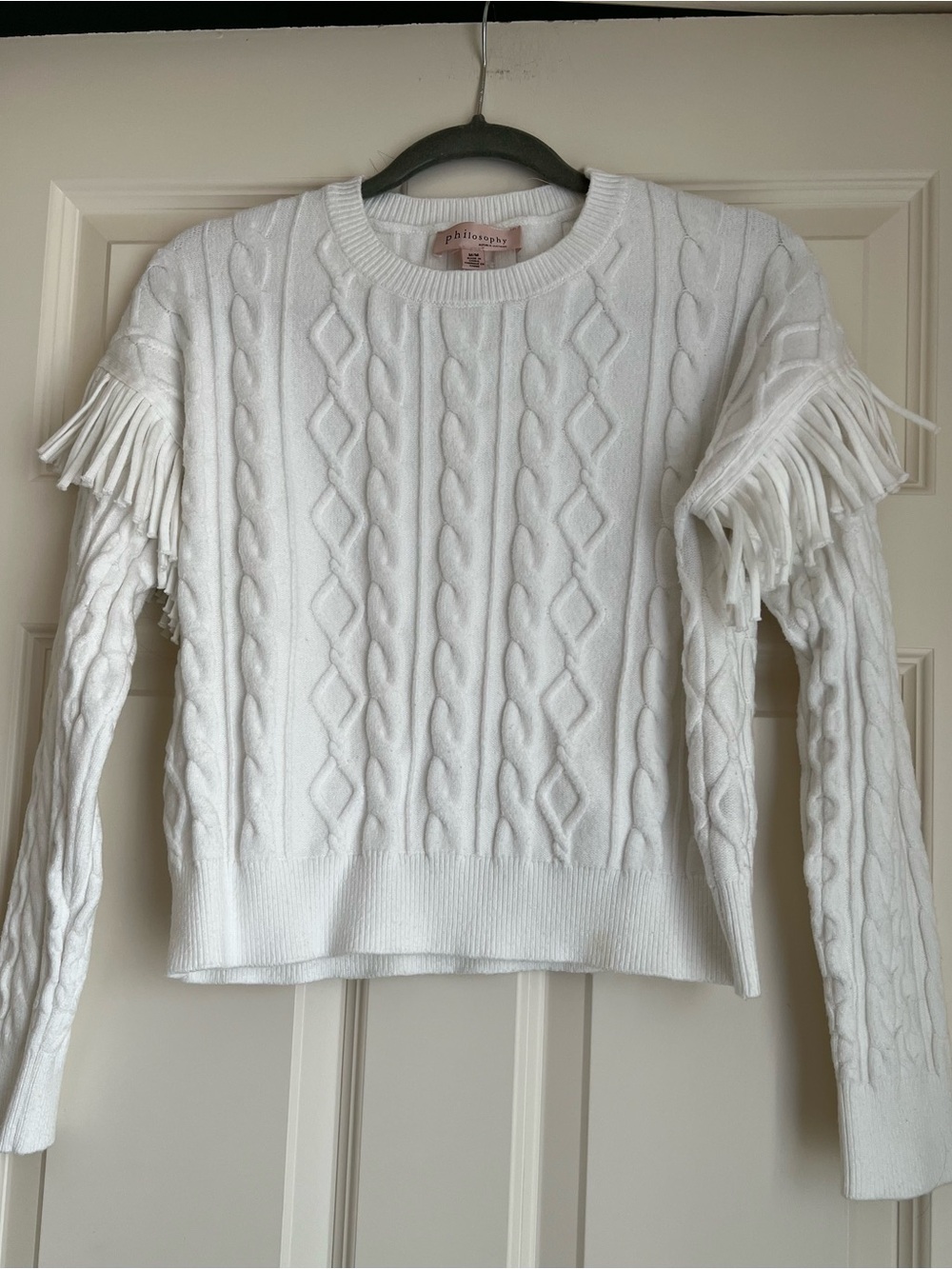 Philosophy White Cable-Knit Fringe Crewneck Sweater
